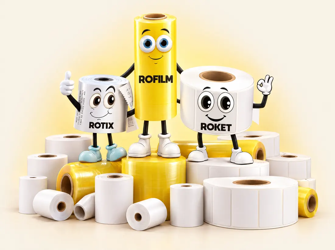 ROTIX, ROFILM y ROKET, las mascotas de Rotemex, sobre rollos térmicos, vitafilm y etiquetas